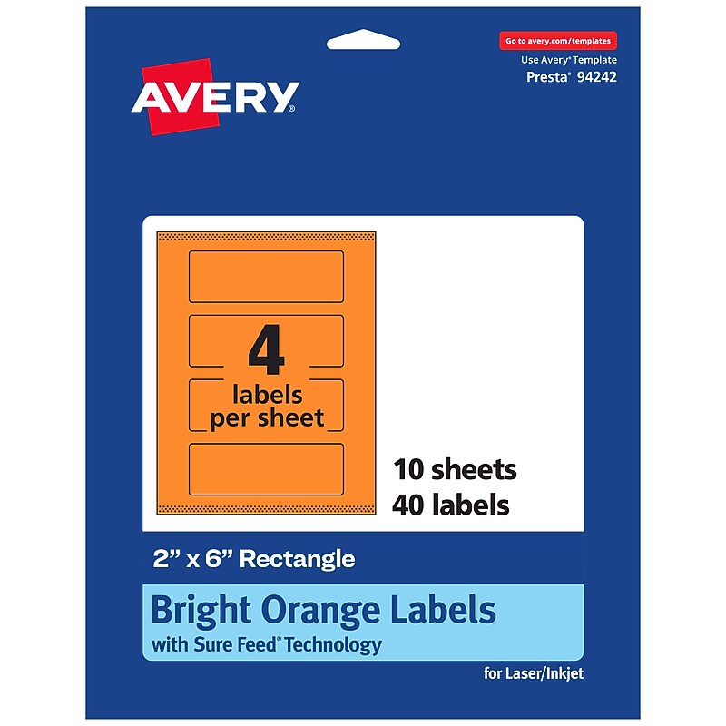 Avery Laser/Inkjet Multipurpose Rectangle Labels, 2" x 6", Bright Orange, 40/Pack (94242)