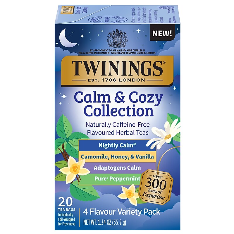 Twinings Calm & Cozy Collection Caffeine-Free Assorted Flavors Herbal Tea Bags, 20/Box (110001998)