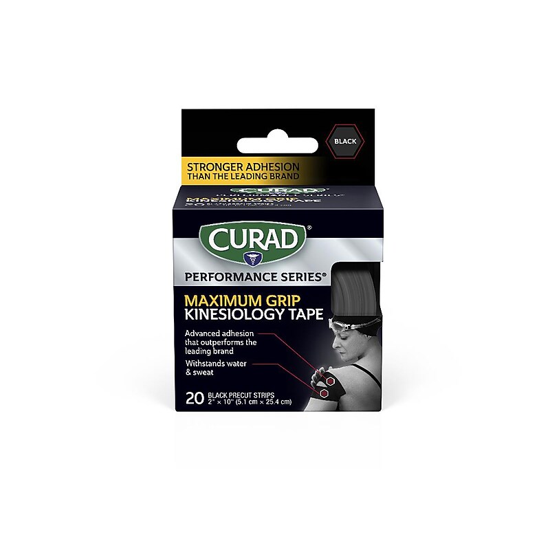 Curad Performance Maximum Grip Water Resistant Kinesiology Medical Tape, 2" x 5.55", 20 Strips/Box, 12 Boxes/Carton (CURIM5070)