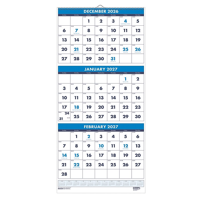 2027 House of Doolittle 12.25" x 26" Three-Month Wall Calendar, Blue (3640-27)