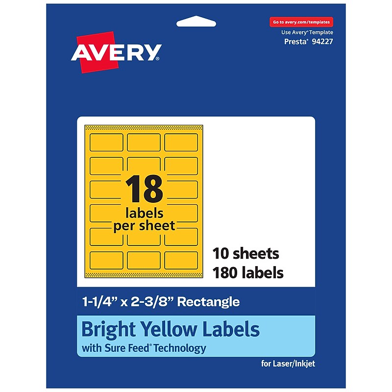 Avery Laser/Inkjet Rectangle Multipurpose Labels, 1-1/4" x 2-3/8", Bright Yellow, 180/Pack (94227)