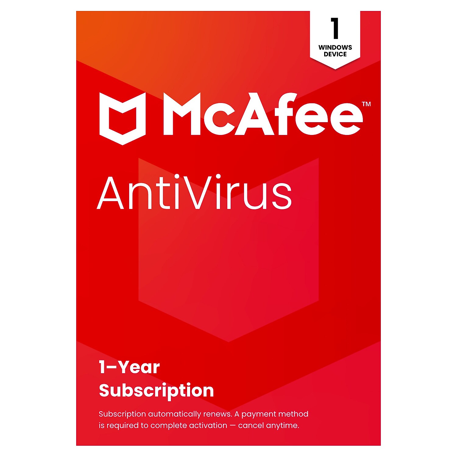 McAfee AntiVirus for 1 User with Auto-Renewal, Windows, Product Key Card (MAB21EST1RAAM)