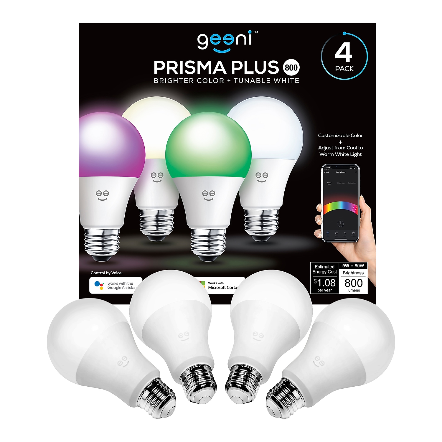 GEENI PRISMA PLUS 800 Color/Tunable Smart Light Bulbs, 4/Pack (GN-BW413-999)