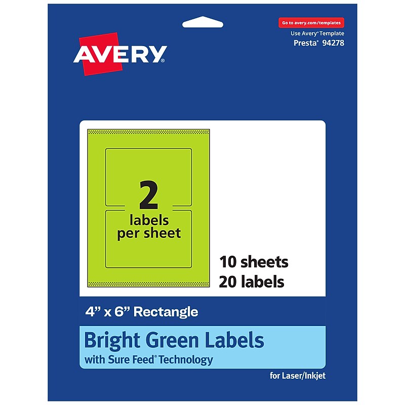 Avery Laser/Inkjet Multipurpose Rectangle Labels, 4" x 6", Bright Green, 20/Pack (94278)