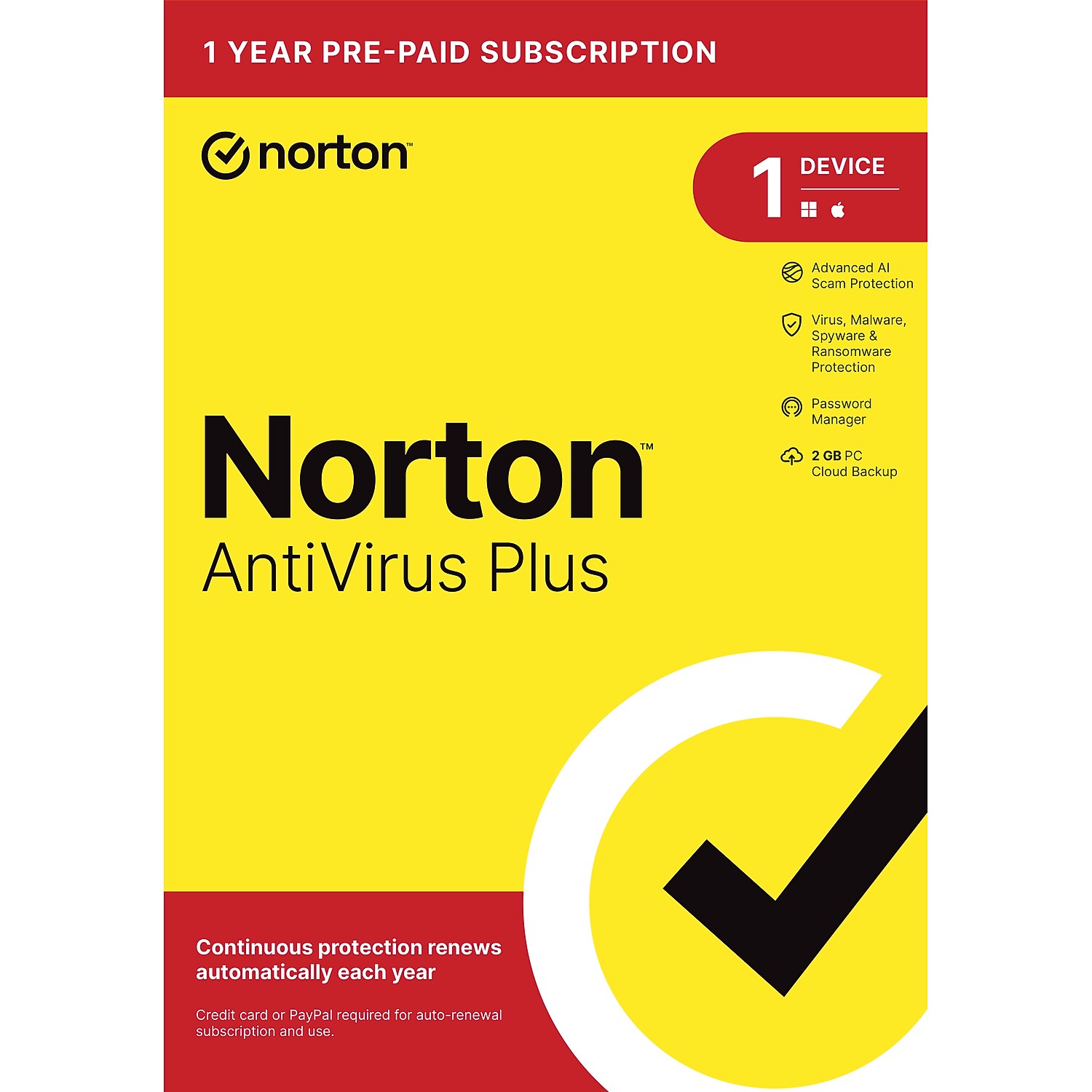 Norton AntiVirus Plus, Antivirus Software for 1 Device with Auto-Renewal, Advanced AI Scam Protection, Password Manager