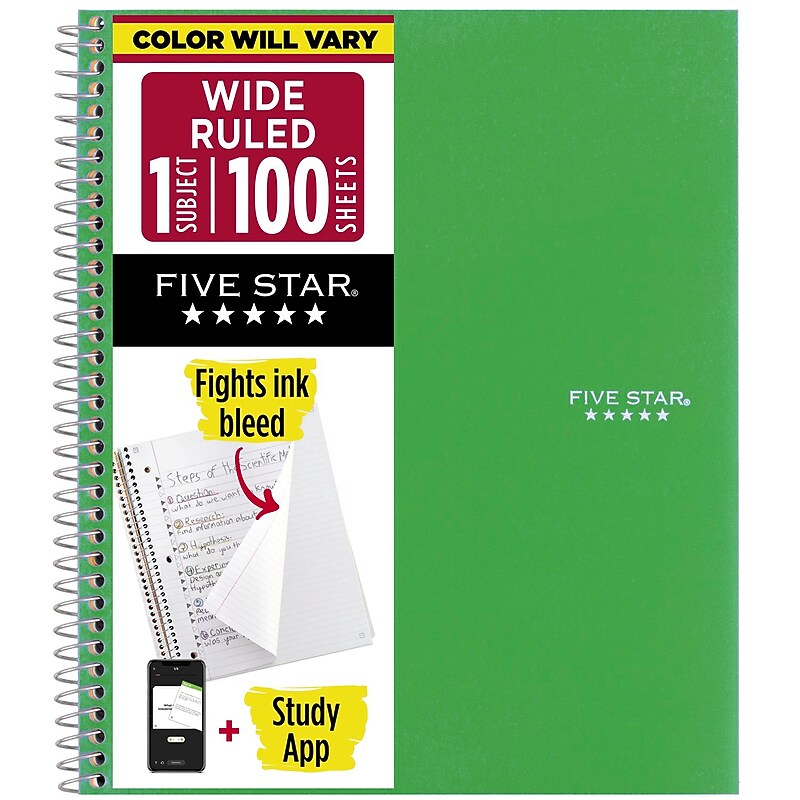 Five Star 1-Subject Notebooks, 8" x 10.5", Wide Ruled, 100 Sheets, Color Chosen at Random (05238/07635)