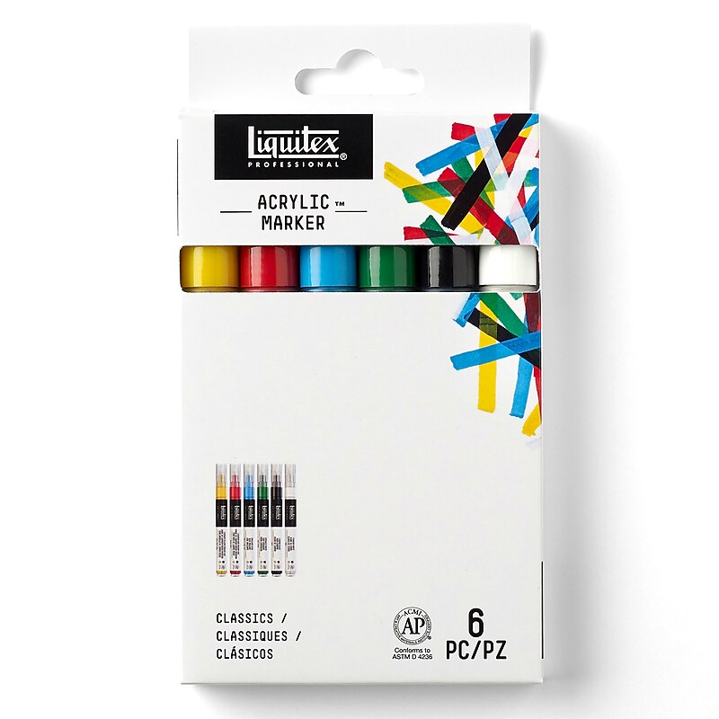 Liquitex Professional Acrylic Paint Marker, Fine Nib, 2 mm, Classic Colors, 6/Pack (LIQ4690002)