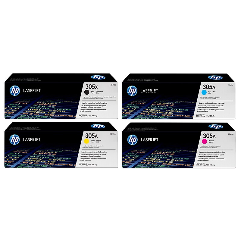 HP 305X Black High Yield and 305A Cyan/Magenta/Yellow Standard Yield Toner Cartridge, 4/Pack (CE410X-VB)