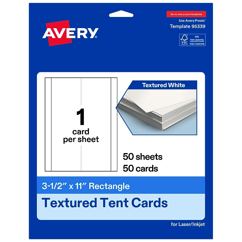 Avery Rectangle Tent Cards, 3.5" x 11", Textured Matte, 50 Labels/Box (95339)