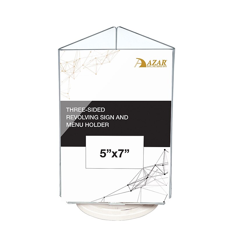 Azar Displays 5" x 7" Three-Sided Revolving Sign and Menu Holder, Top Loading, White Acrylic (193722-WHT)