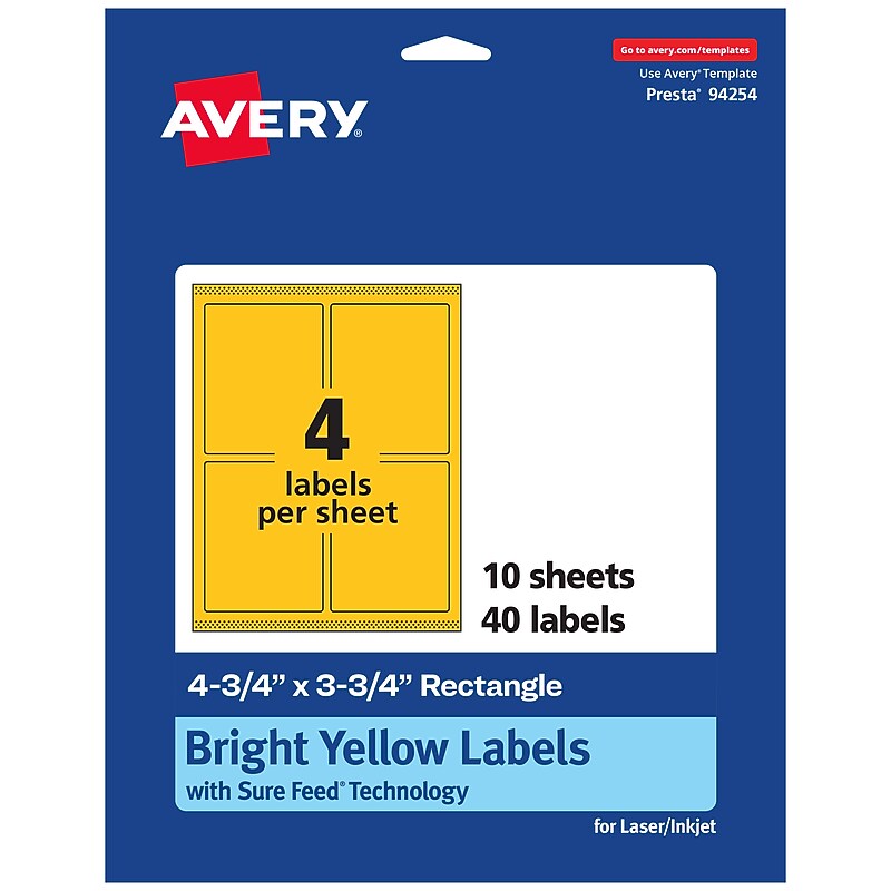 Avery Laser/Inkjet Rectangle Multipurpose Labels, 4.75" x 3.75", Bright Yellow, 40/Pack (94254)