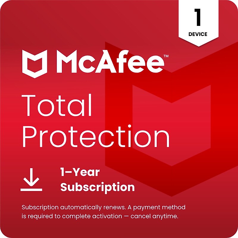 McAfee Total Protection for 1 User with Auto-Renewal, Windows/Mac/Android/iOS/ChromeOS, Download (MTP21EUS1RAAD)
