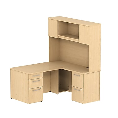 Bush 300 Series L Desk with Storage & Tall Hutch Natural