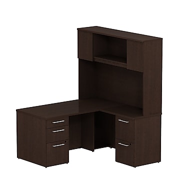 Bush 300 Series L Desk with Storage & Tall Hutch Mocha