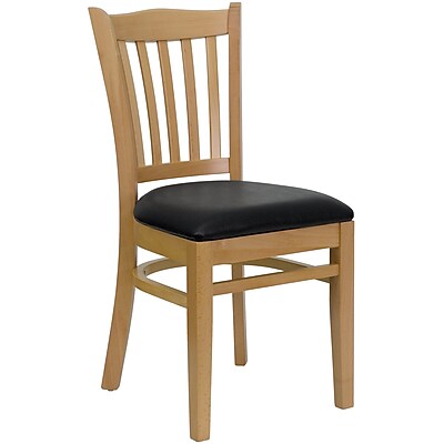 Flash Furniture HERCULES Series Natural Wood Vertical Slat Back Restaurant Chair Black Vinyl Seat 4 Pack