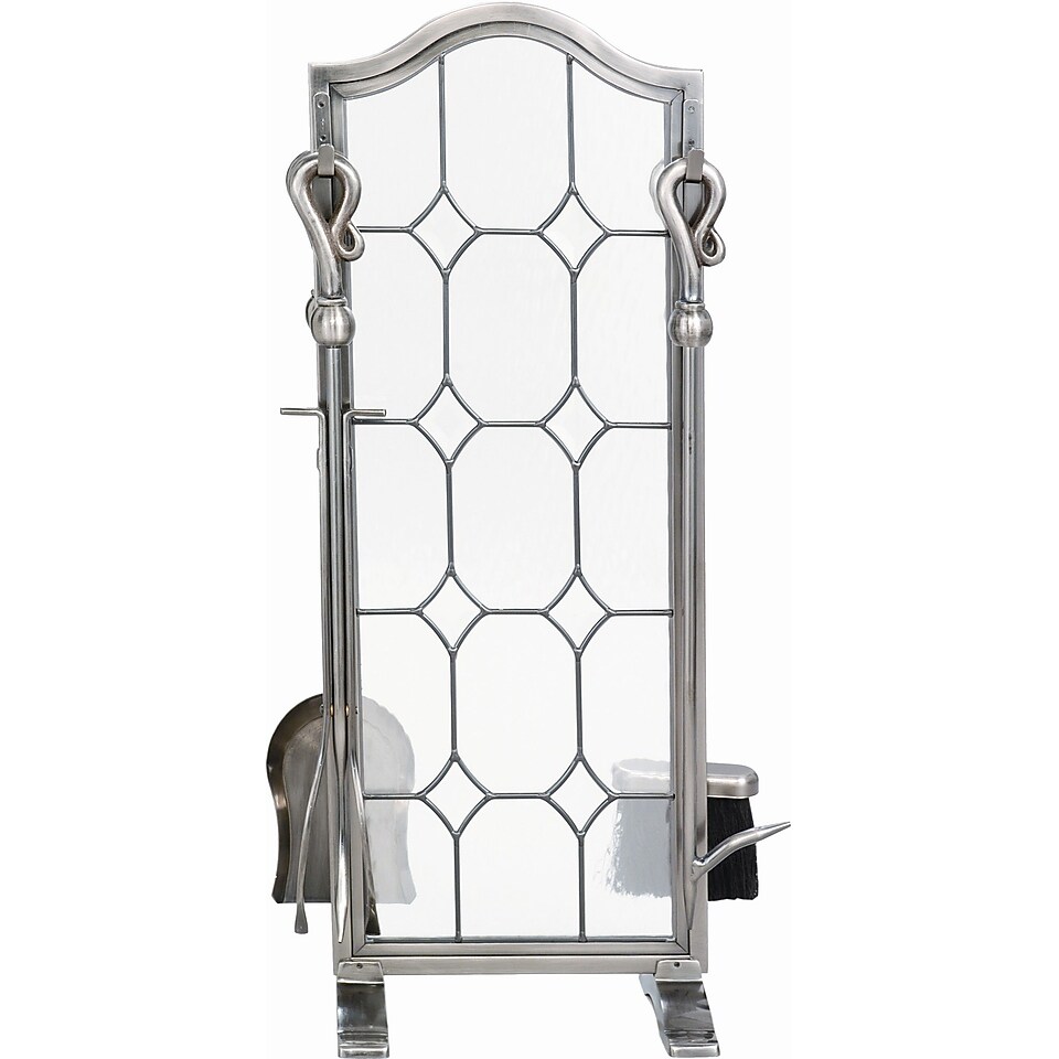 Uniflame 4 Piece Pewter Leaded Glass Fireplace Tool Set W Stand
