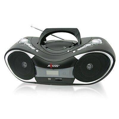 Axess PB2707 Portable Boombox MP3 CD Player With Text Display AM FM Stereo SD MMC AUX Inputs Black