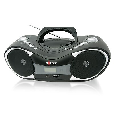 Axess PB2707 Portable Boombox MP3 CD Player With Text Display AM FM Stereo SD MMC AUX Inputs Black