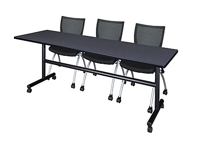 Regency 84 inch Metal Wood Kobe Flip Top Training Table with Apprentice Chairs Gray