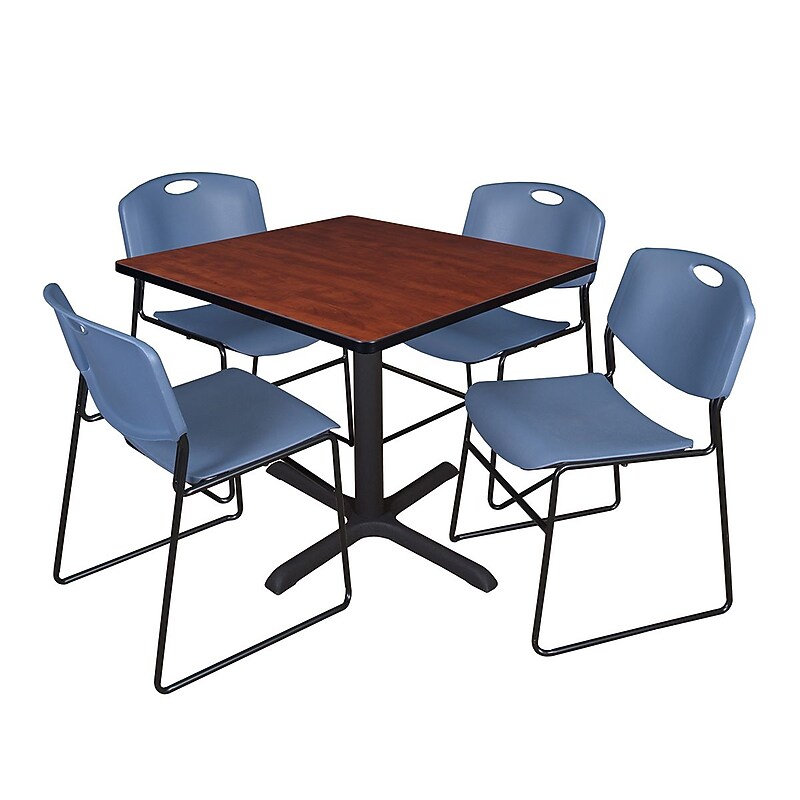 Regency 48-inch Square Laminate Table with 4 Zeng Stack Chairs Cherry & Blue