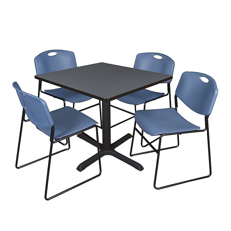 Regency 42-inch Square Table with Cain Base & 4 Zeng Stack Chairs, Blue