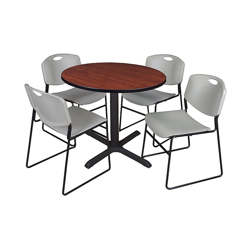 Regency 42-inch Round Table with Cain Base & 4 Zeng Stack Chairs, Cherry & Gray