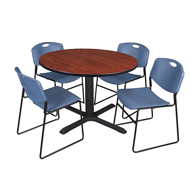 Regency 48-inch Round Cherry Table with Zeng Stack Chairs, Blue