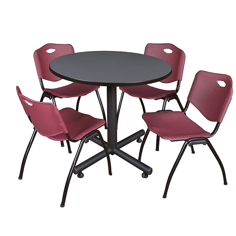 Regency 36-inch Round Laminate Grey Table with 4 M Stacker Chairs, Burgundy