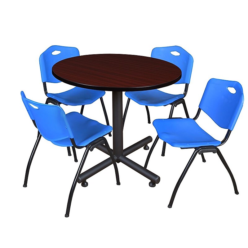 Regency 36-inch Round Laminate Mahogany Table with 4 M Stacker Chairs, Blue