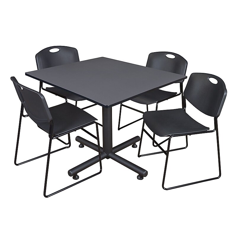 Regency Kobe Breakroom Table, 48"W, Gray & 4 Zeng Stack Chairs, Black (TKB4848GY44BK)