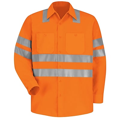 Red Kap Men s Hi Visibility Work Shirt Class 3 Level 2 X Striping Configuration RG x M Fluorescent orange