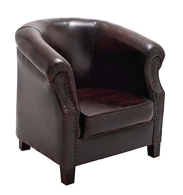 Woodland Imports Cushy Wood / Leather Captians Arm Chair; Burgundy