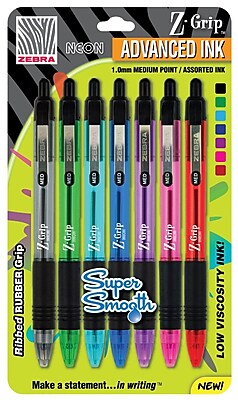 Zebra Z Grip Neon Retractable Ball Point Pens Medium Point Assorted 7 Pack 22907