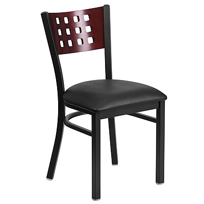 Flash Furniture Hercules Decorative Cutout Back Metal Restaurant Chair Mahogany Wood Back Black Vinyl Seat XUDG117MAHBKV