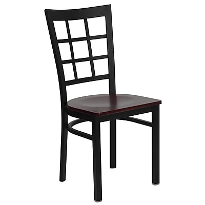 Flash Furniture Hercules Series Black Window Back Metal Restaurant Chair Mahogany Wood Seat XUDG6Q3BWINMAHW