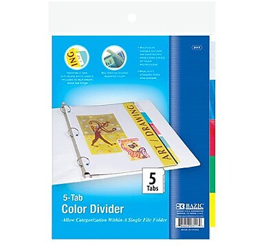 Bazic 3 Ring Binder Divider w 5 Insertable Color Tabs; Case of 24