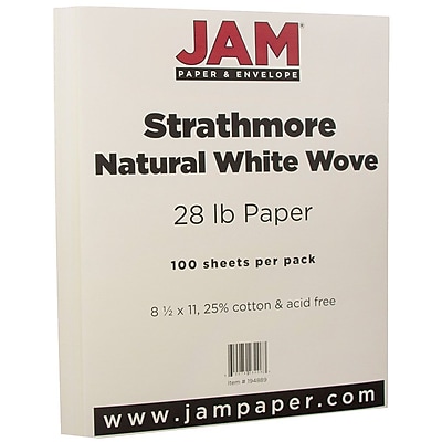 JAM Paper Strathmore Paper 8.5 x 11 28lb Natural White Wove 100 pack 194889