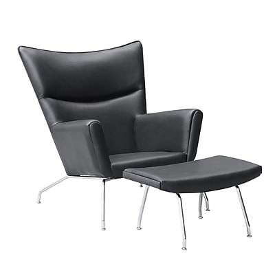 Fine Mod Imports Wing Chair and Ottoman in Leather Black FMI9233 black