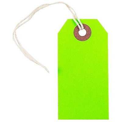 JAM Paper Gift Tags with String Small 3 1 4 x 1 5 8 Neon Green 10 Pack 91931042