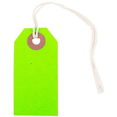 JAM Paper Gift Tags with String Tiny 2 3 4 x 1 3 8 Neon Green 10 Pack 91931047