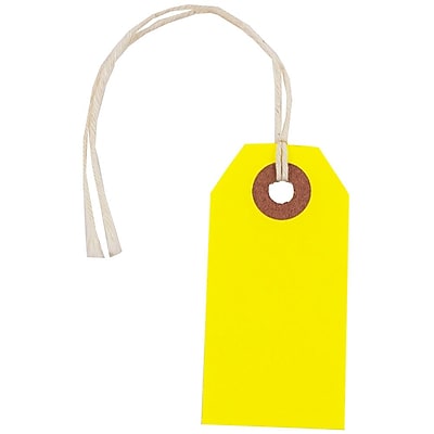 JAM Paper Gift Tags with String Tiny 2 3 4 x 1 3 8 Neon Yellow 10 Pack 91931050