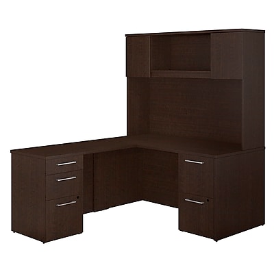 Bush Business Furniture Emerge 60 W x 30 D L Shaped Desk with Hutch and 2 Pedestals Mocha Cherry 300S103MR