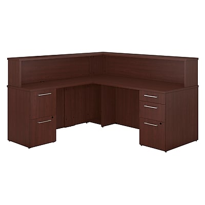 Bush Business Furniture Emerge L Shaped Reception Desk with 2 and 3 Drawer Pedestals Installed Harvest Cherry 300S073CSFA