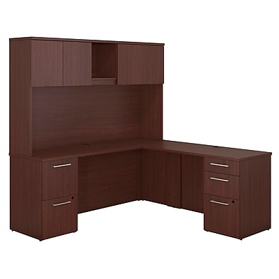 Bush Business Furniture Emerge 72 W x 22 D L Shaped Desk with Hutch and 2 Pedestals Installed Harvest Cherry 300S061CSFA