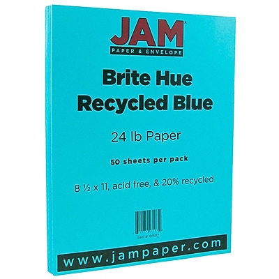 JAM Paper 8 1 2 x 11 Paper Blue 24lb Brite Hue Recycled 50 Pack 101592A