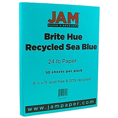 JAM Paper 8 1 2 x 11 Paper Sea Blue 24lb Brite Hue Recycled 50 Pack 102657A