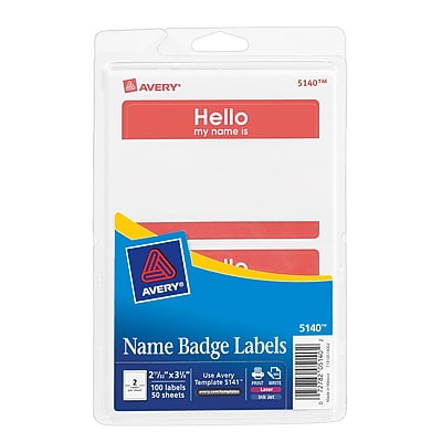 Avery® Print-or-Write Name Tags, "HELLO" Red Border, 2 11/32" x 3 3/8 ...