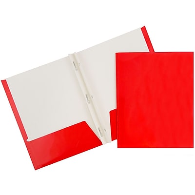 JAM Paper 2 Pocket Laminated Glossy School Folders with Tang Fastener Clips Red Sold Individually 385GCRE