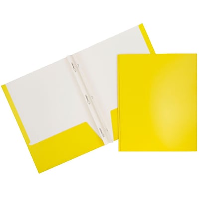 JAM Paper 2 Pocket Laminated Glossy School Folders with Tang Fastener Clips Yellow Sold Individually 385GCYE