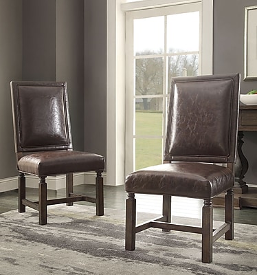 Hazelwood Home Distressed Wood Side Chair Set of 2 ; Brown Leather
